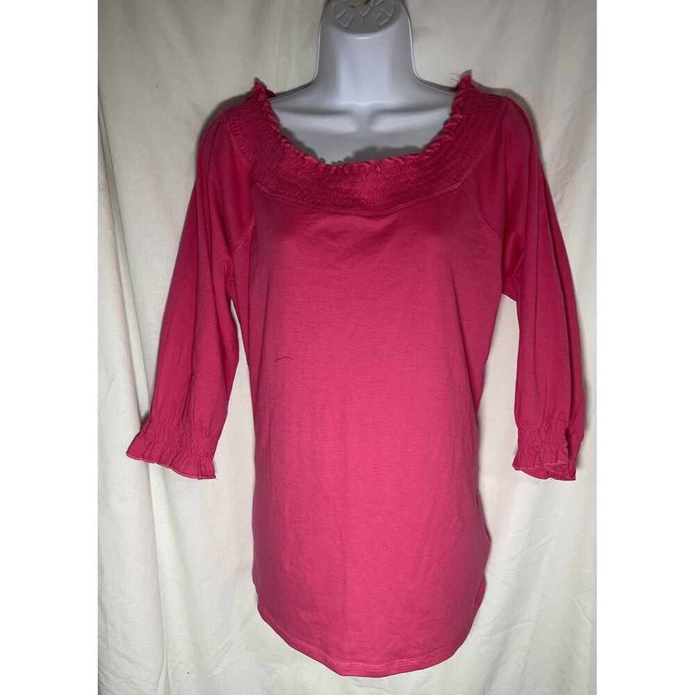 Roxy Pink Smocked Off-Shoulder Top Size XL 100% Cotton 3/4 Sleeve Ruffle Cuff